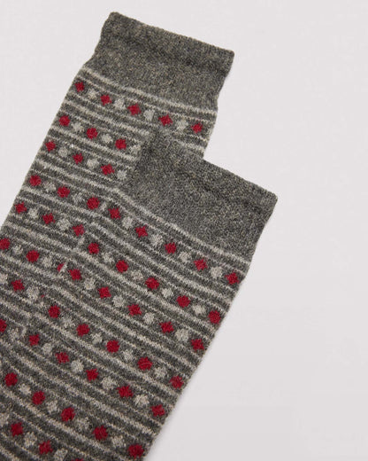 Ysabel Mora 22168 Spots & Stripes Angora Sock - Thick and warm dark grey angora mix men's socks with a horizontal pattern of stripes and spots in light grey and deep red and deep elasticated comfort cuff detail.