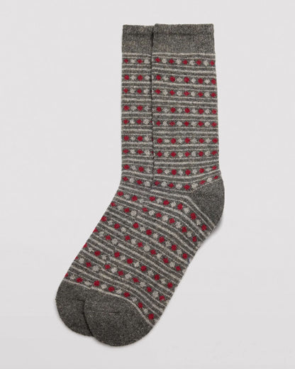 Ysabel Mora 22168 Spots & Stripes Angora Sock - Thick and warm dark grey angora mix men's socks with a horizontal pattern of stripes and spots in light grey and deep red, shaped heel, flat toe seam and deep elasticated comfort cuff.