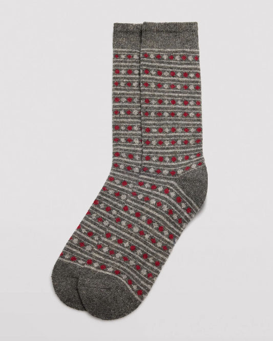 Ysabel Mora 22168 Spots & Stripes Angora Sock - Thick and warm dark grey angora mix men's socks with a horizontal pattern of stripes and spots in light grey and deep red, shaped heel, flat toe seam and deep elasticated comfort cuff.