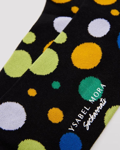 Ysabel Mora 22168 Spotty Socks - Men's black crew length cotton ankle socks with an all over polka dot pattern, close up detail.