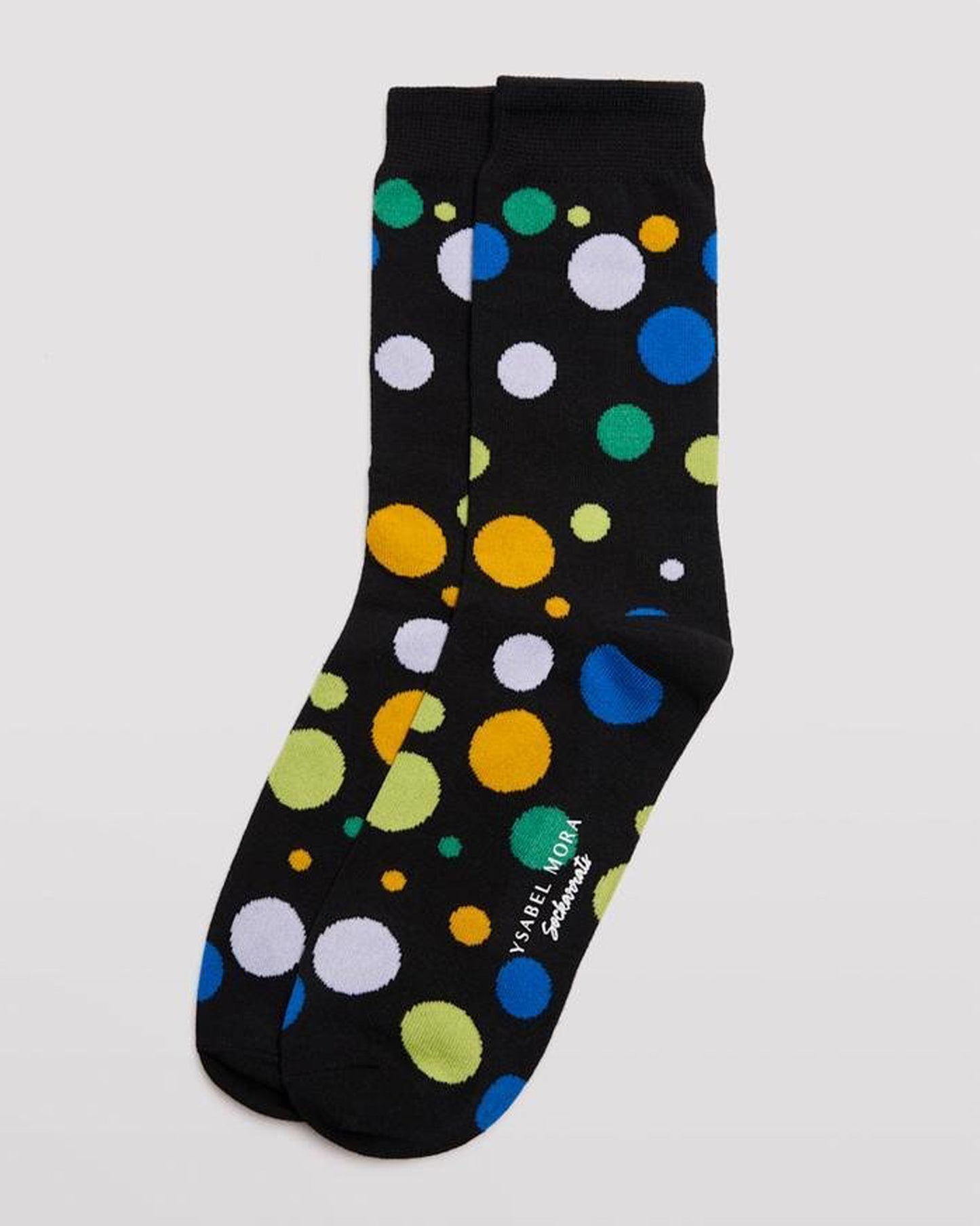 Ysabel Mora 22177 Spotty Socks - Men's black crew length cotton ankle socks with an all over polka dot pattern in shades of green, blue, orange and white and deep comfort cuff.