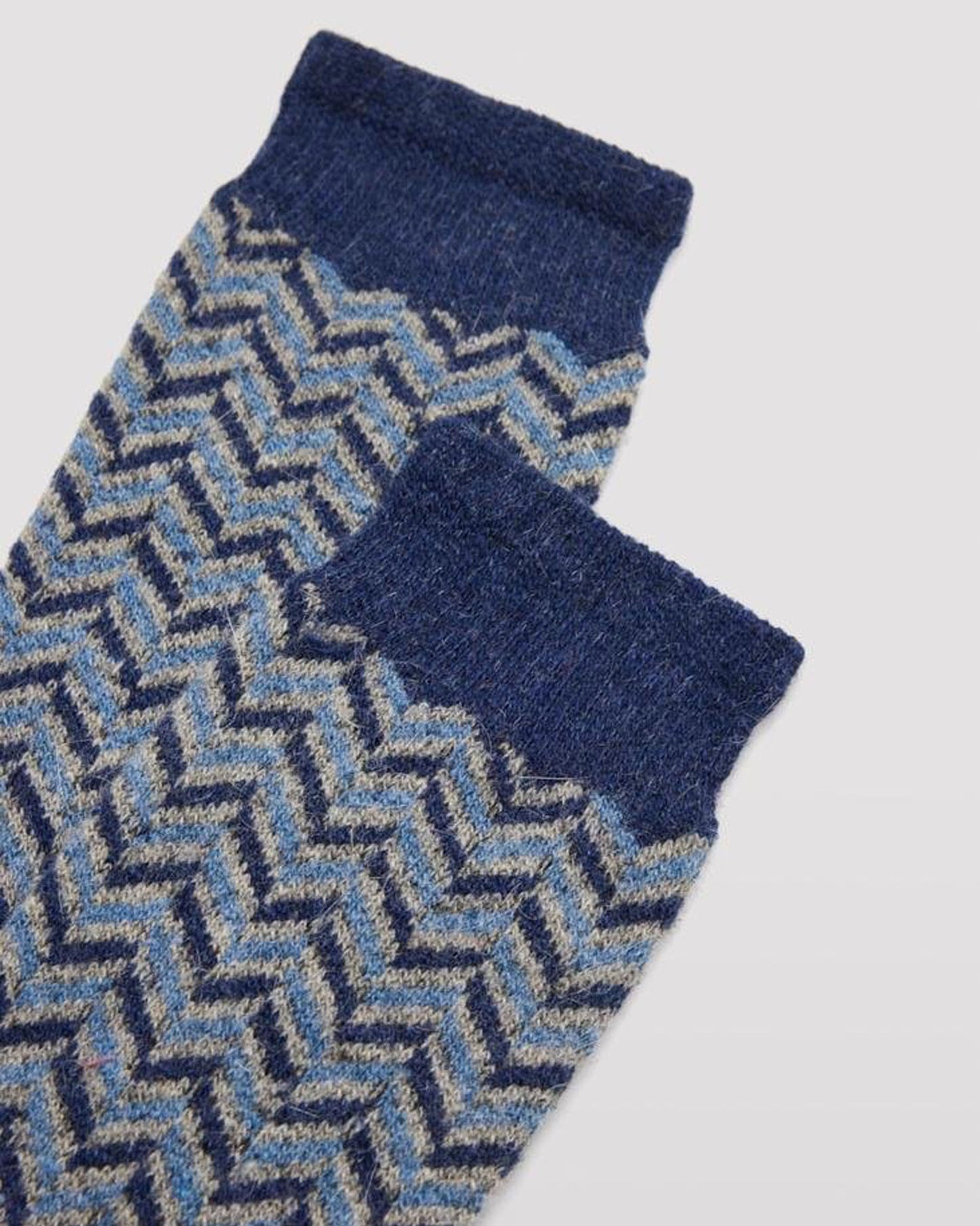 Ysabel Mora 22168 Chevron Angora Sock - Thick and warm light blue angora mix socks with a navy, blue and grey chevron style pattern and a deep elasticated comfort cuff.