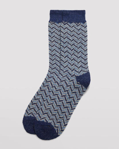 Ysabel Mora 22168 Chevron Angora Sock - Thick and warm light blue angora mix socks with a navy, blue and grey chevron style pattern, navy heel and toe and a deep elasticated comfort cuff.