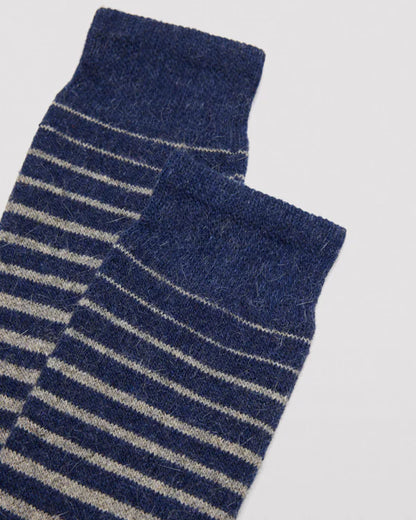 Ysabel Mora 22168 Stripe Angora Sock - Thick and warm light grey angora mix socks with a navy blue horizontal faded/ombre effect striped pattern and deep elasticated comfort cuff detail.