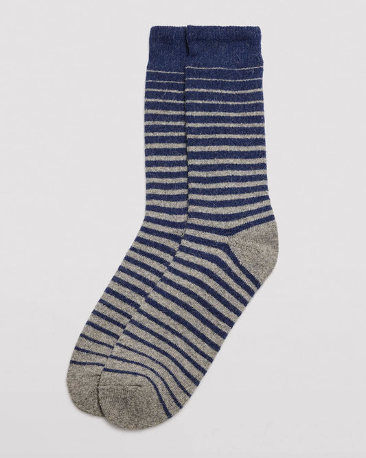 Ysabel Mora 22168 Stripe Angora Sock - Thick and warm light grey angora mix socks with a navy blue horizontal faded/ombre effect striped pattern, shaped heel, flat toe seam and deep elasticated comfort cuff.