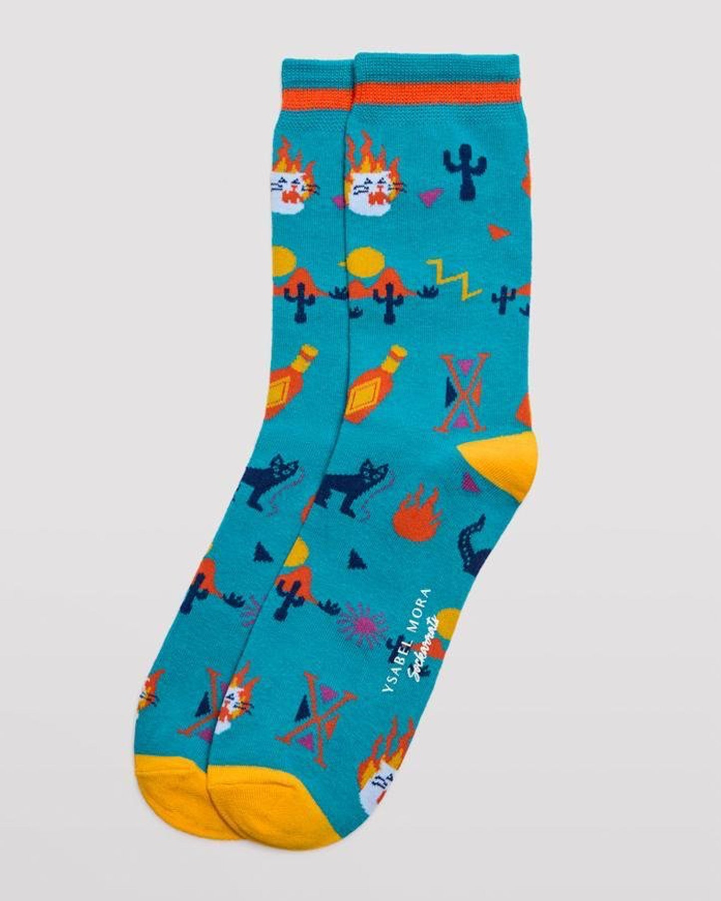 Ysabel Mora 22175 Desert Cats - Turquoise cotton crew length ankle socks with an all over Mexican desert themed pattern of cactus, hills, sun, cats, fire flames and tequila bottles light yellow heel and toe with soft anti-pressure cuffs.