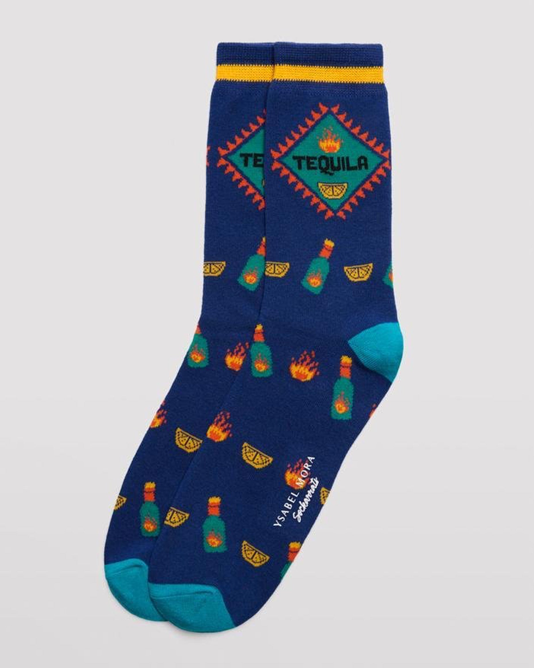 Ysabel Mora 22175 Tequila Sock - Navy cotton crew length ankle socks with an all over tequila themed pattern of tequila bottles, slices of lemons, fire flames, light blue heel and toe with soft anti-pressure cuffs. 