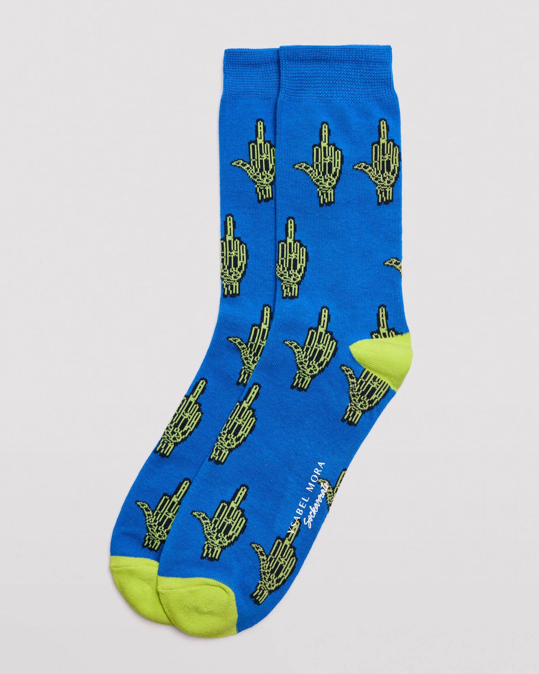 Ysabel Mora 22177 Skeleton Hands Socks - Blue crew length cotton ankle socks with an all over pattern of skeleton hands giving the middle finger in lime green and navy, with lime green toe and heel and deep comfort cuff.