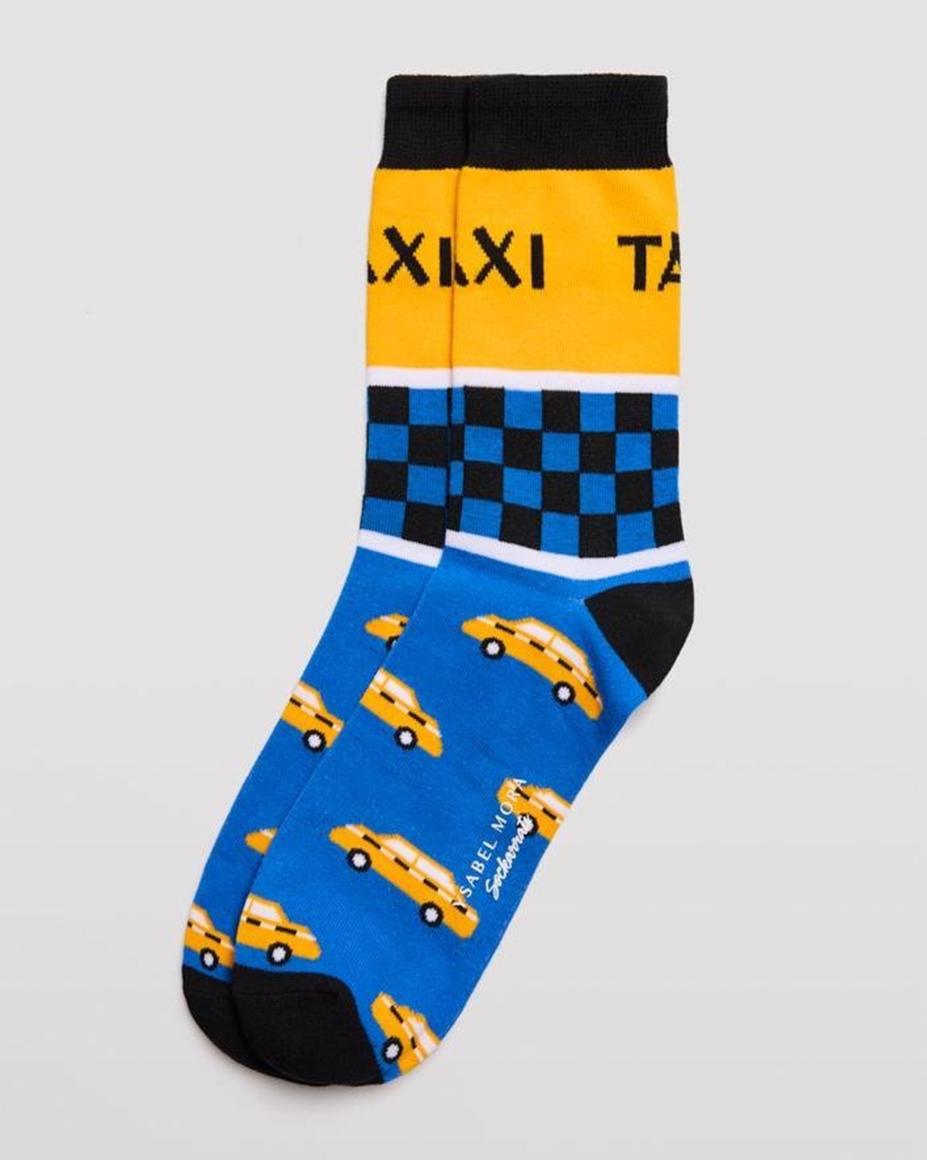 Ysabel Mora 22179 Taxi Sock - Men's cotton crew length ankle socks with an New York cab themed design with taxi written on the cuff in black with yellow background, checkered black and blue pattern underneath and then a pattern of yellow taxis in the foot, black heel and toe and soft black anti-pressure cuffs.