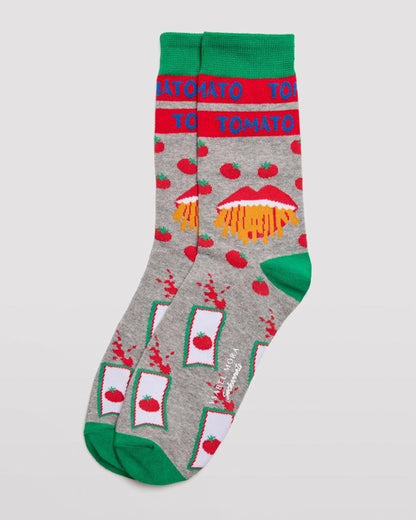 Ysabel Mora Tomato Socks - Men's light grey cotton crew length ankle socks with an all over pattern of tomatoes, sachets of tomato ketchup, tomato written around the cuff green toe and heel and soft anti-pressure cuff.