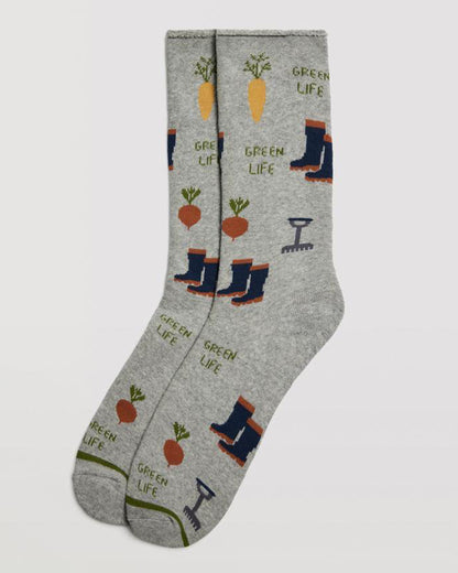 Ysabel Mora 22885 Green Life Sock - Light grey thermal cotton mix crew length ankle socks with a gardening themed pattern of wellington boots, carrots and turnips, rake and the words 'green life', thick terry lining and no cuff roll-top cuff.