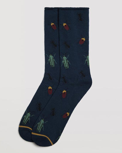 Ysabel Mora 22885 Insect Sock - Thick and warm navy terry lined thermal cotton no cuff ankle socks with an all over insect pattern in wine, sage green, mustard and black.