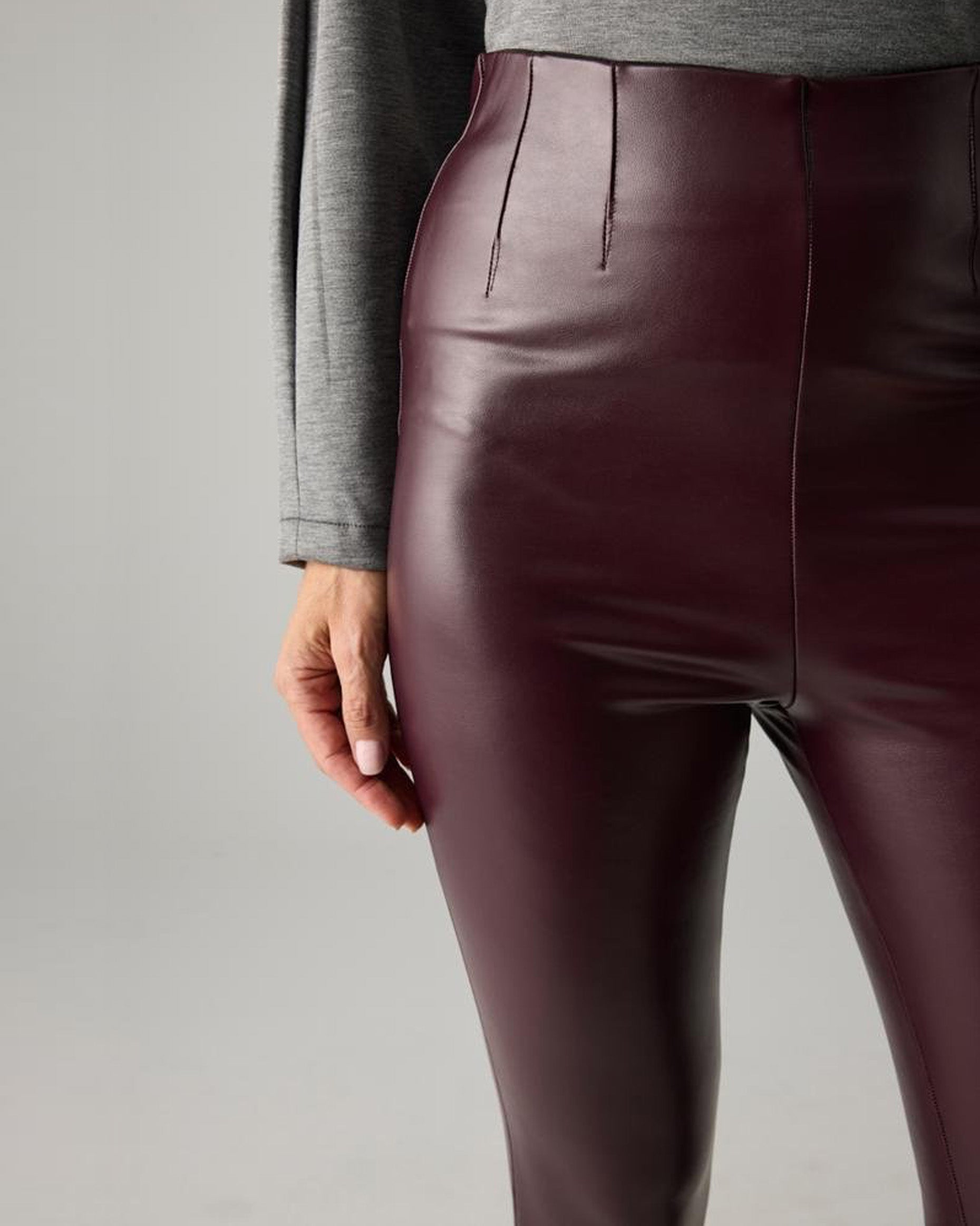 Ysabel Mora 70164 Faux Leather Leggings - High rise dark purple / aubergine faux leather fleece lined trouser leggings with invisible side zip, darts at the front and back to ensure a snug fit.