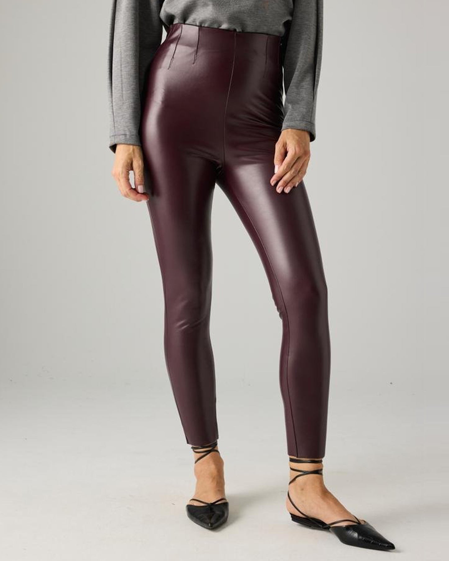 Ysabel Mora 70164 Faux Leather Leggings - High rise dark purple / aubergine faux leather fleece lined trouser leggings with invisible side zip, darts at the front and back to ensure a snug fit.