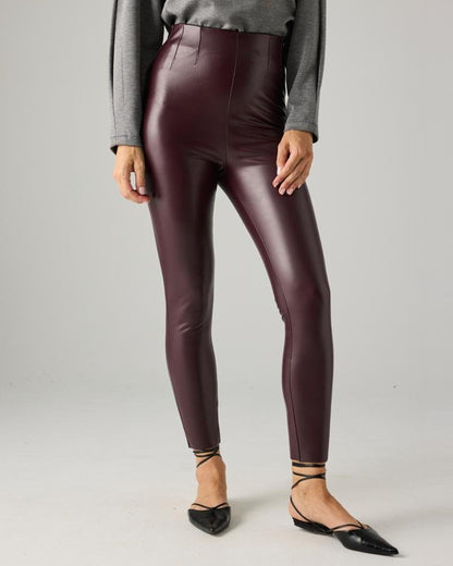 Ysabel Mora 70164 Faux Leather Leggings - High rise dark purple / aubergine faux leather fleece lined trouser leggings with invisible side zip, darts at the front and back to ensure a snug fit.