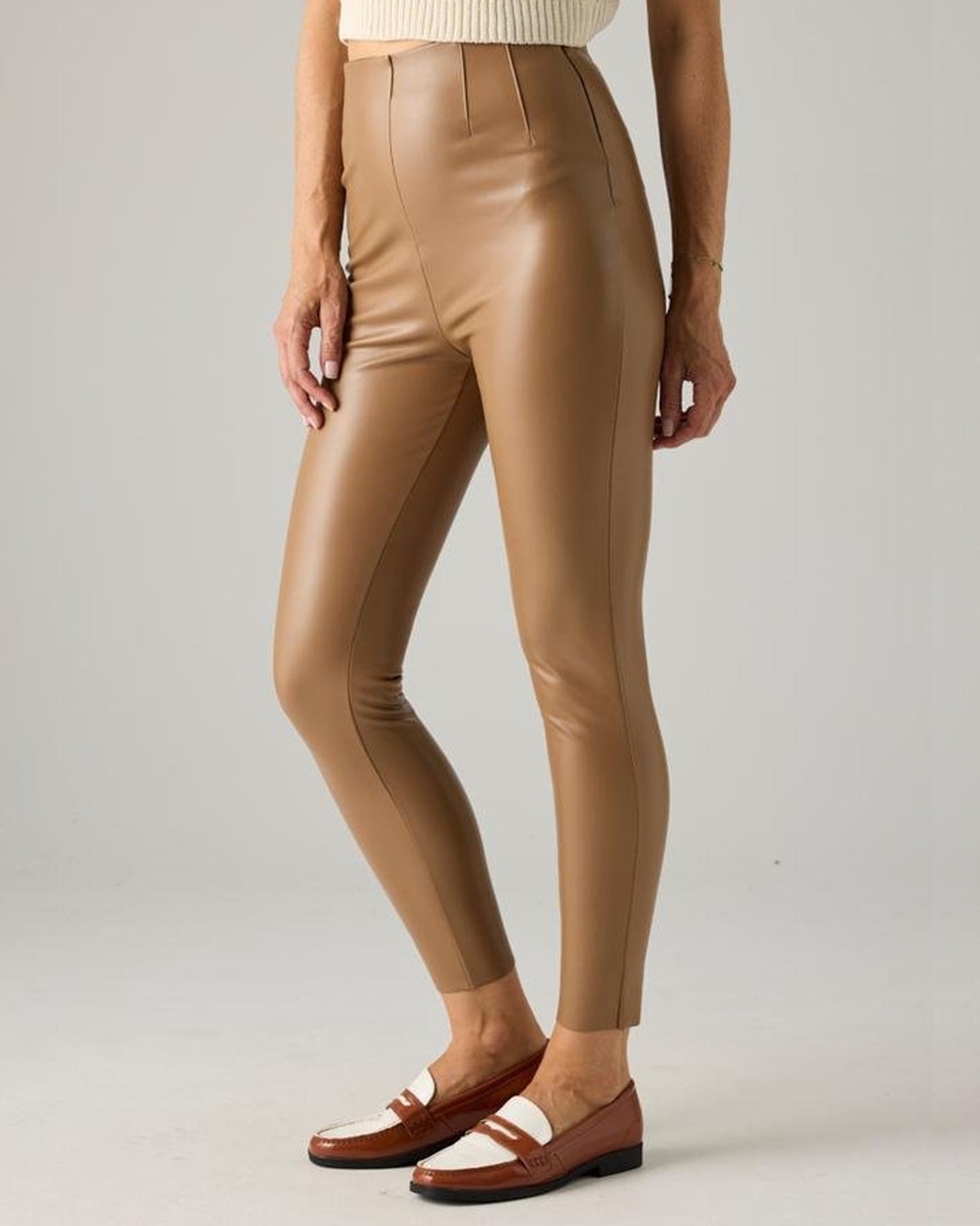 Ysabel Mora 70164 Faux Leather Leggings - High rise coffee / tan faux leather fleece lined trouser leggings with invisible side zip, darts at the front and back to ensure a snug fit.