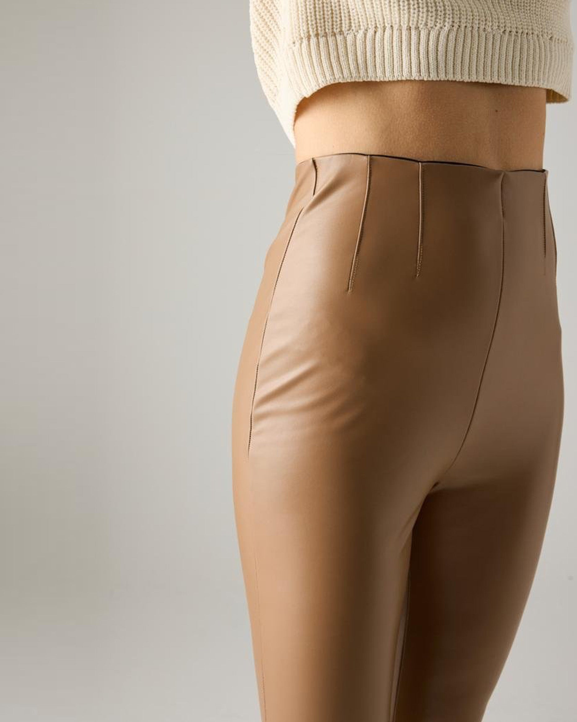 Ysabel Mora 70164 Faux Leather Leggings - High rise coffee / tan faux leather fleece lined trouser leggings with invisible side zip, darts at the front and back to ensure a snug fit.