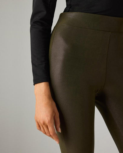 Ysabel Mora 70293 Waxed Thermal Leggings - Dark khaki moss green high waisted thermal trouser leggings with waxed effect print and warm plush fleece lining.