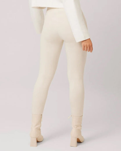 Ysabel Mora 70293 Waxed Thermal Leggings - Back view of cream high waisted thermal trouser leggings with waxed effect print and warm plush fleece lining.