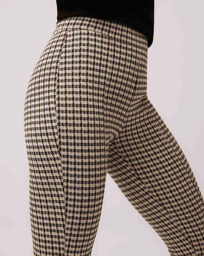 Ysabel Mora 70299 Check Treggings - High waisted light beige trouser leggings with a black and blue houndstooth gingham style check