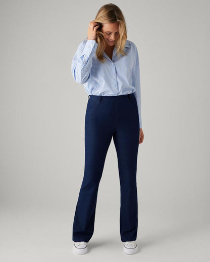 Ysabel Mora 70406 Flared Jeggings - Dark denim blue stretch high rise leggings with a flared boot leg, back pockets, belt loops and faux front pockets and fly top stitching.