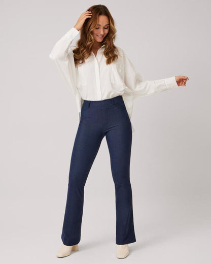 Ysabel Mora 70406 Flared Jeggings - Dark denim blue stretch high rise leggings with a flared boot leg, back pockets, belt loops and faux front pockets and fly top stitching.