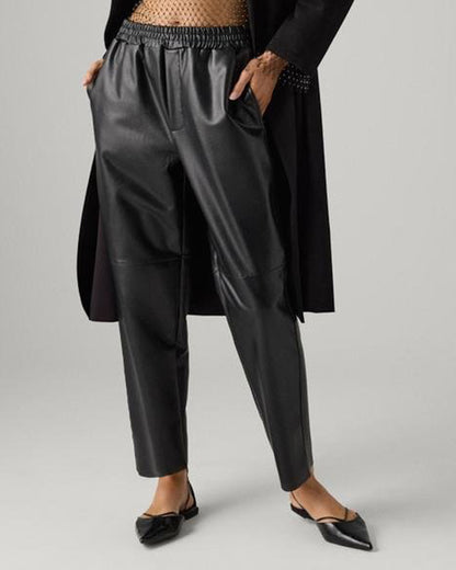 Ysabel Mora 70418 Faux Leather Pants - Loose fitting black faux leather thermal trousers with side pockets, elasticated waistband, drawstrings, taped leg and soft, warm plush fleece lining.