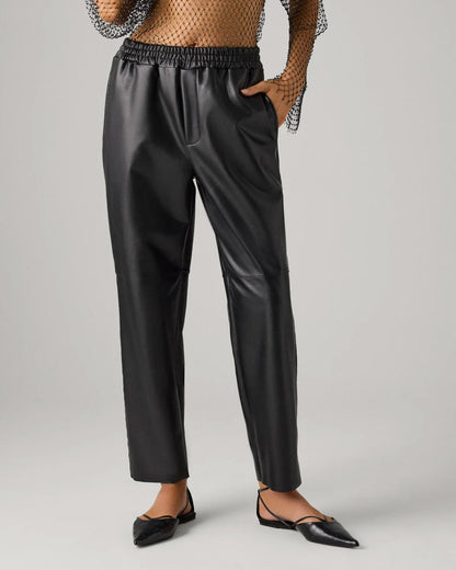 Ysabel Mora 70418 Faux Leather Pants - Loose fitting black faux leather thermal trousers with side pockets, elasticated waistband, drawstrings, taped leg and soft, warm plush fleece lining.