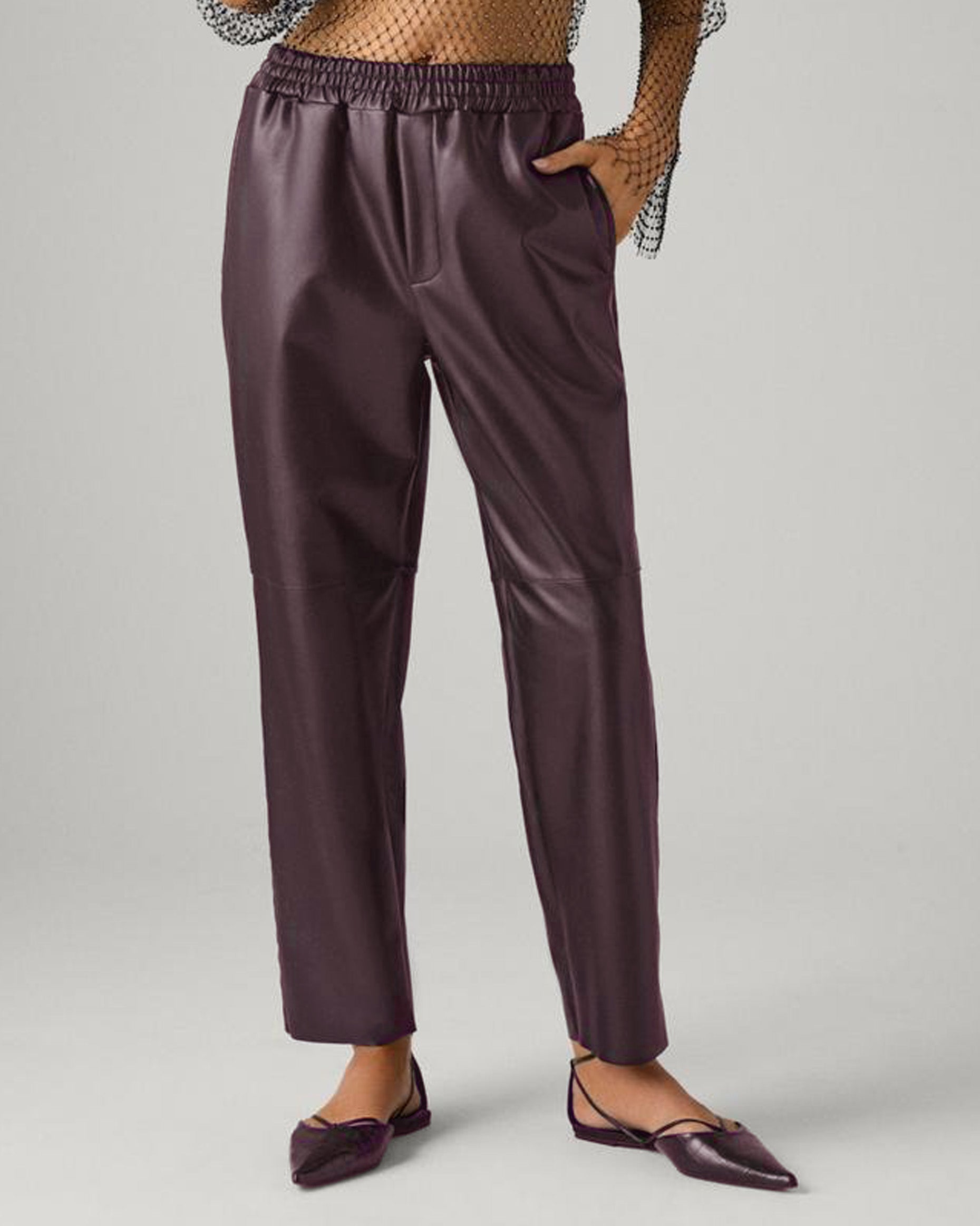 Ysabel Mora 70418 Faux Leather Pants - Loose fitting dark aubergine purple faux leather thermal trousers with side pockets, elasticated waistband, drawstrings, taped leg and soft, warm plush fleece lining.