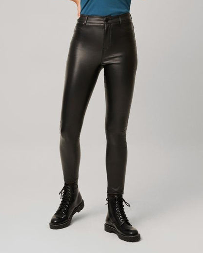 Ysabel Mora 70429 Waxed Treggings - Black faux leather trouser leggings with fly and button closure, faux front pocket stitching, back pockets.