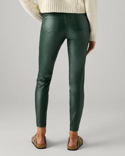 Ysabel Mora 70429 Waxed Treggings - Dark bottle green faux leather trouser leggings with fly and button closure, faux front pocket stitching, back pockets. Back view.