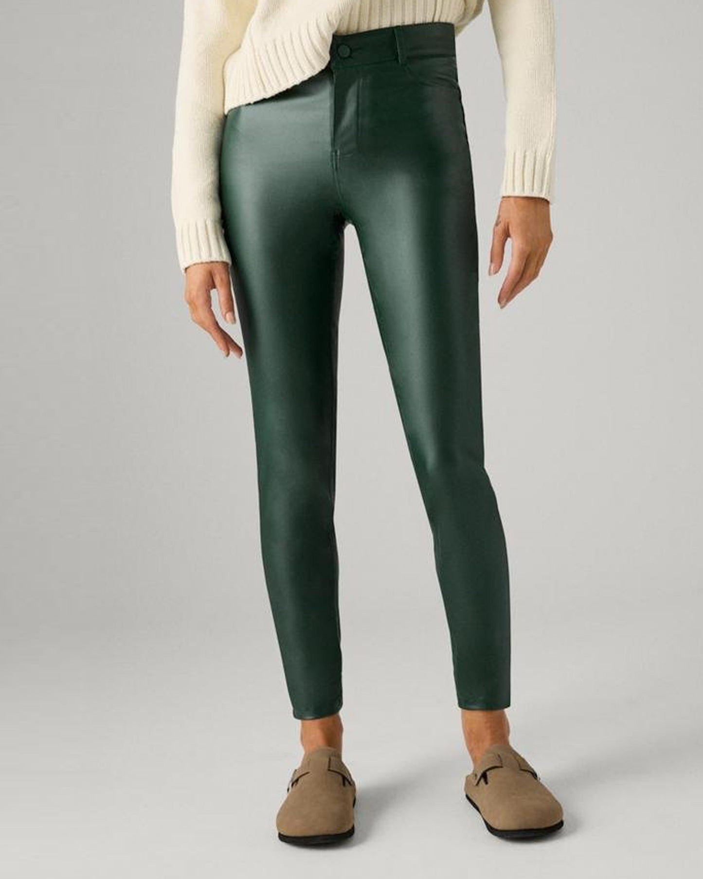 Ysabel Mora 70429 Waxed Treggings - Dark bottle green faux leather trouser leggings with fly and button closure, faux front pocket stitching, back pockets.