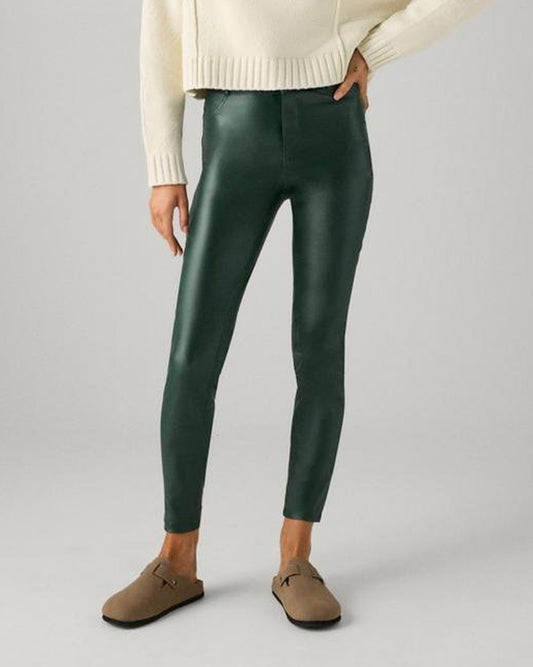 Ysabel Mora 70429 Waxed Treggings - Dark bottle green faux leather trouser leggings with fly and button closure, faux front pocket stitching, back pockets.