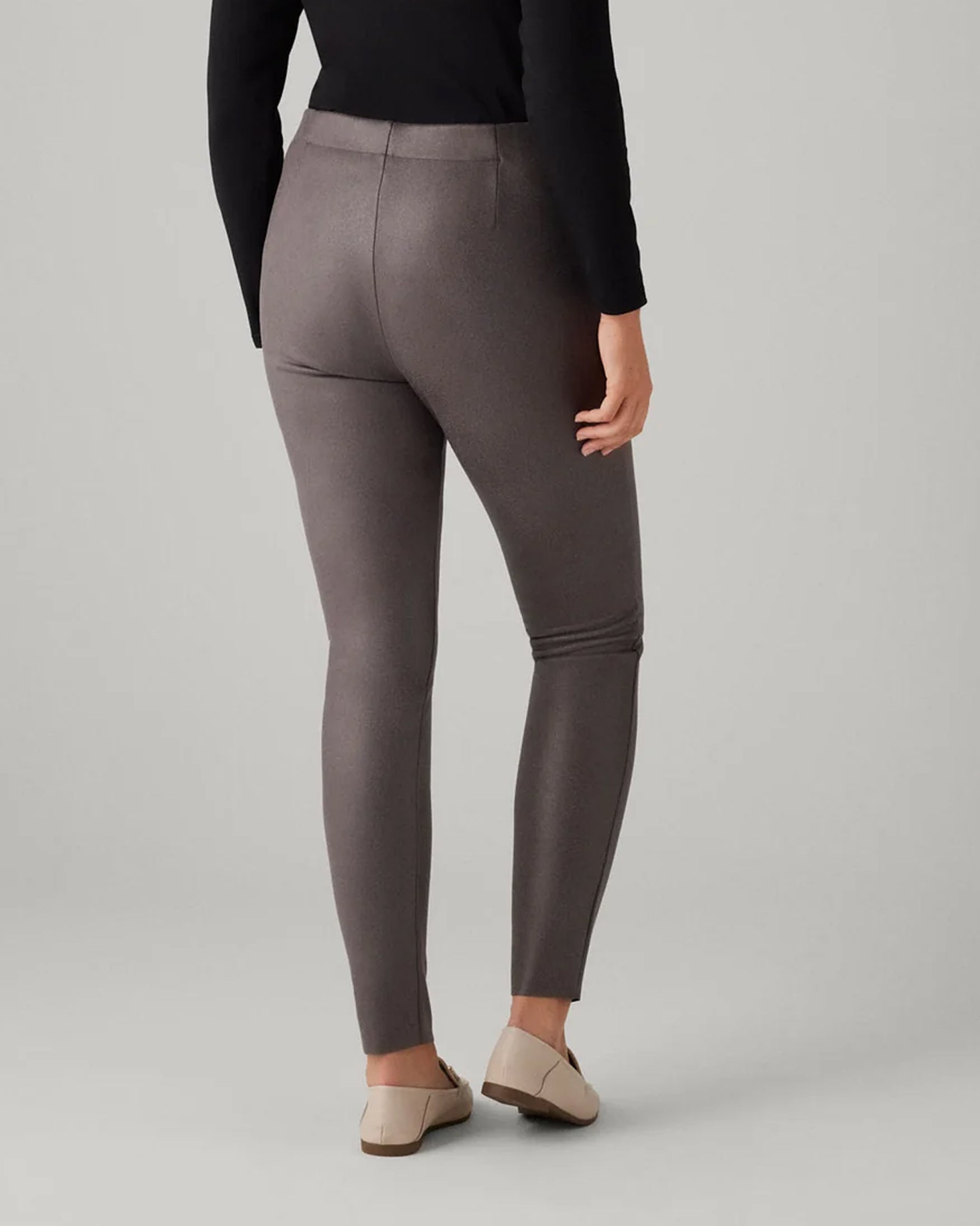 Ysabel Mora 7032 Faux Suede Leggings - Faux suede effect jodhpur style trousers leggings in a grey taupe shade, with silver zipped faux front pockets, front raised seam down the front of the legs, back pockets and taped legs. Back view.