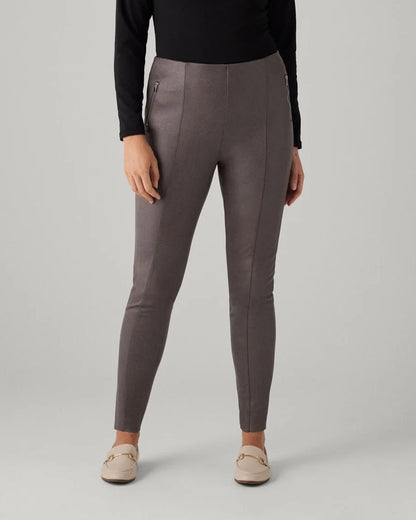 Ysabel Mora 7032 Faux Suede Leggings - Faux suede effect jodhpur style trousers leggings in a grey taupe shade, with silver zipped faux front pockets, front raised seam down the front of the legs, back pockets and taped legs.