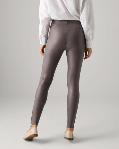 Ysabel Mora 7032 Faux Suede Leggings - Faux suede effect jodhpur style trousers leggings in a grey taupe shade, with silver zipped faux front pockets, front raised seam down the front of the legs, back pockets and taped legs. Back view.