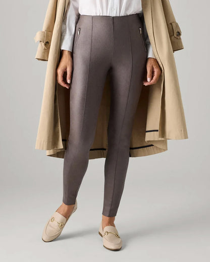 Ysabel Mora 7032 Faux Suede Leggings - Faux suede effect jodhpur style trousers leggings in a grey taupe shade, with silver zipped faux front pockets, front raised seam down the front of the legs, back pockets and taped legs.