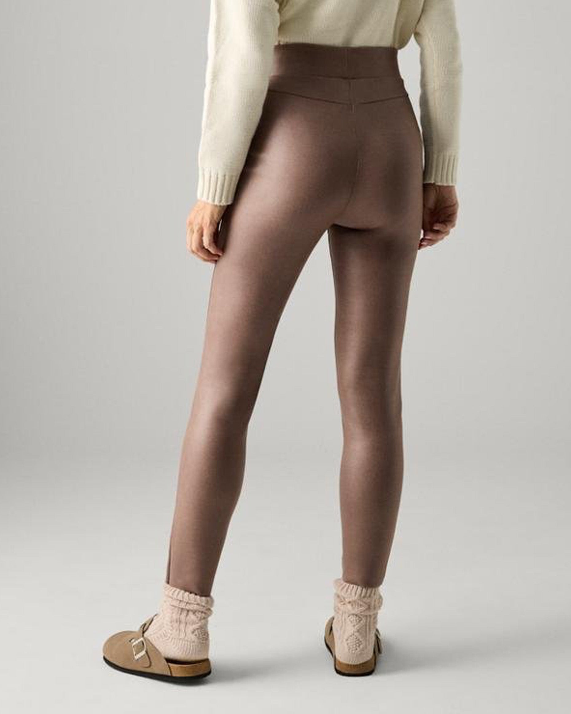 Ysabel Mora 70433 Metallic Suede Leggings - Light brown soft high rise faux suede leggings with a metallic velour finish deep elasticated high waist band. Back view.