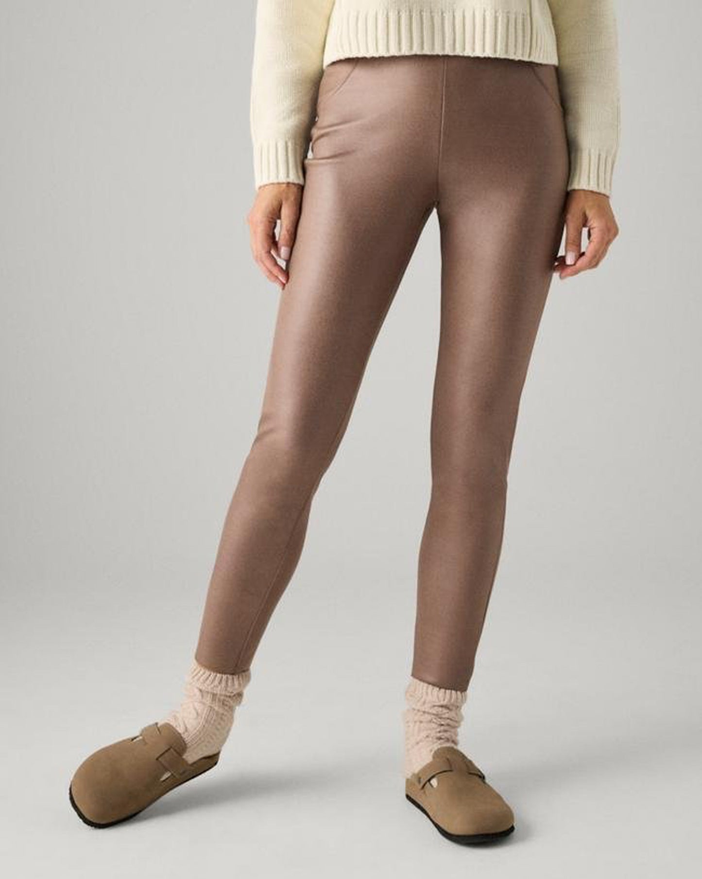 Ysabel Mora 70433 Metallic Suede Leggings - Light brown soft high rise faux suede leggings with a metallic velour finish deep elasticated high waist band.