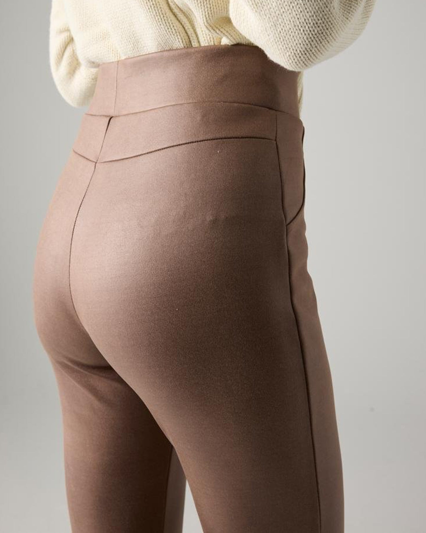 Ysabel Mora 70433 Metallic Suede Leggings - Light brown soft high rise faux suede leggings with a metallic velour finish deep elasticated high waist band. Back view detail.