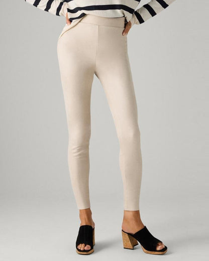 Ysabel Mora 70433 Metallic Suede Leggings - Cream coloured soft high rise faux suede leggings with a metallic velour finish deep elasticated high waist band.