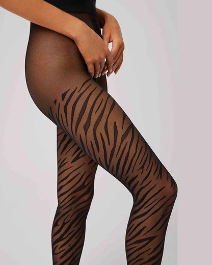 Ysabel Mora 16608 Animal Print Tights -Sheer black fashion tights with an all over zebra print pattern, plain top, flat seams, gusset and deep comfort waist band.