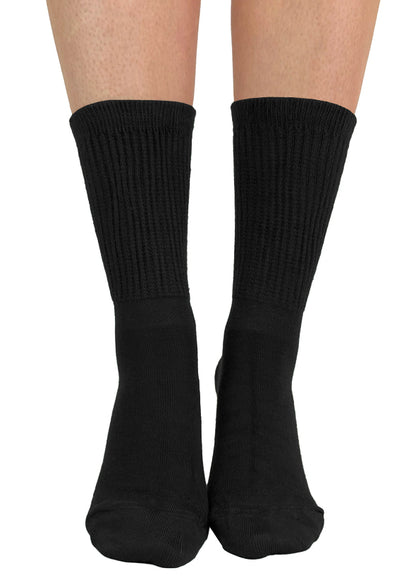 Soft and breathable black bamboo slouch socks with a loose knitted rib top, ankle and foot support and flat toe seams.