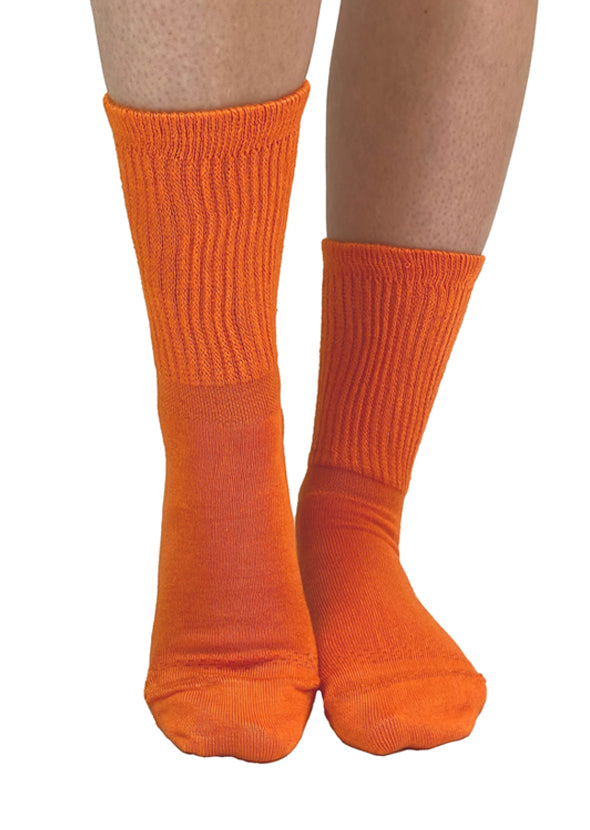 Soft and breathable orange bamboo slouch socks with a loose knitted rib top, ankle and foot support and flat toe seams.