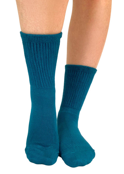 Soft and breathable teal blue bamboo slouch socks with a loose knitted rib top, ankle and foot support and flat toe seams.