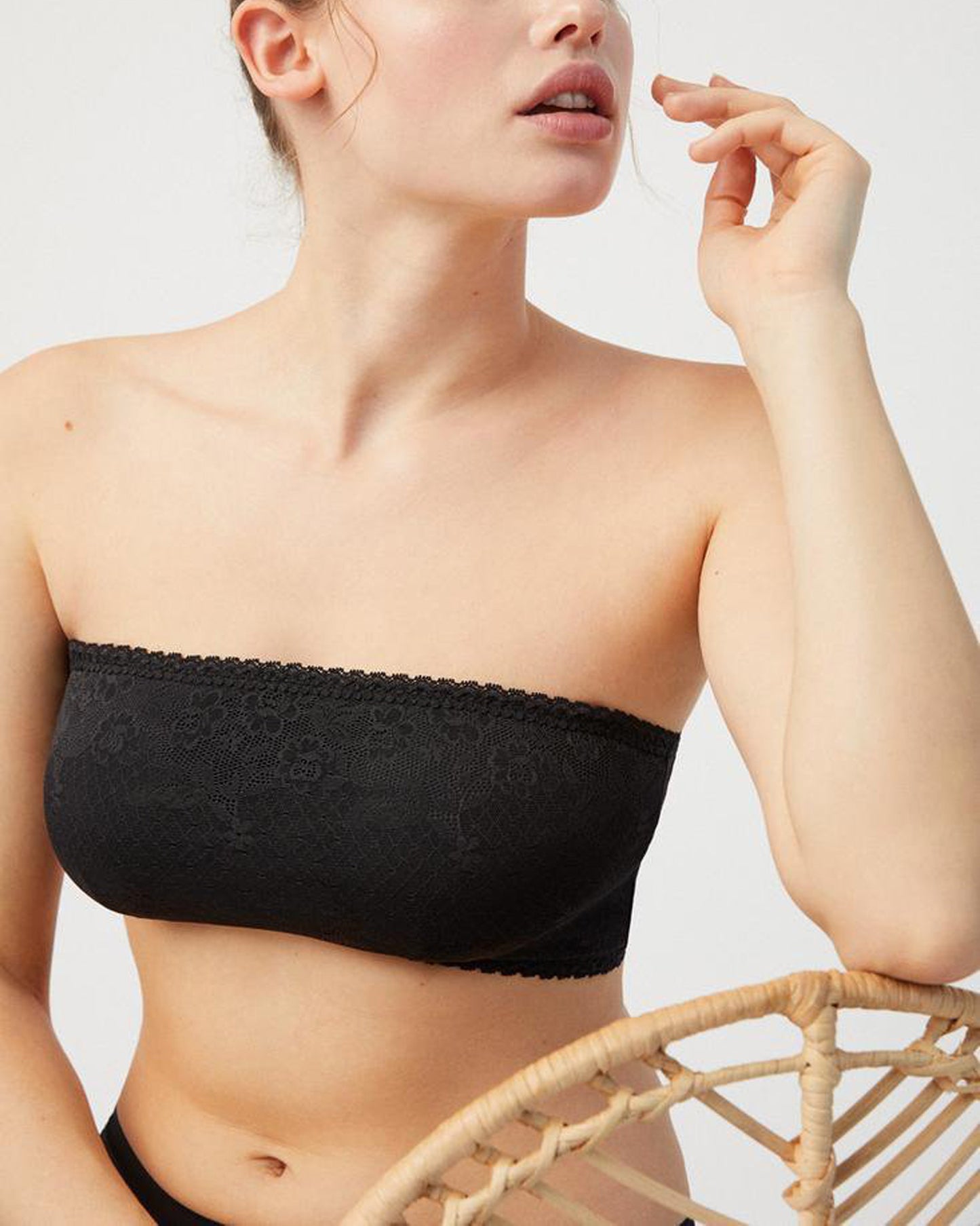 Ysabel Mora Lace Bandeau - Black floral lace strapless bandeau tube top with removable pads.