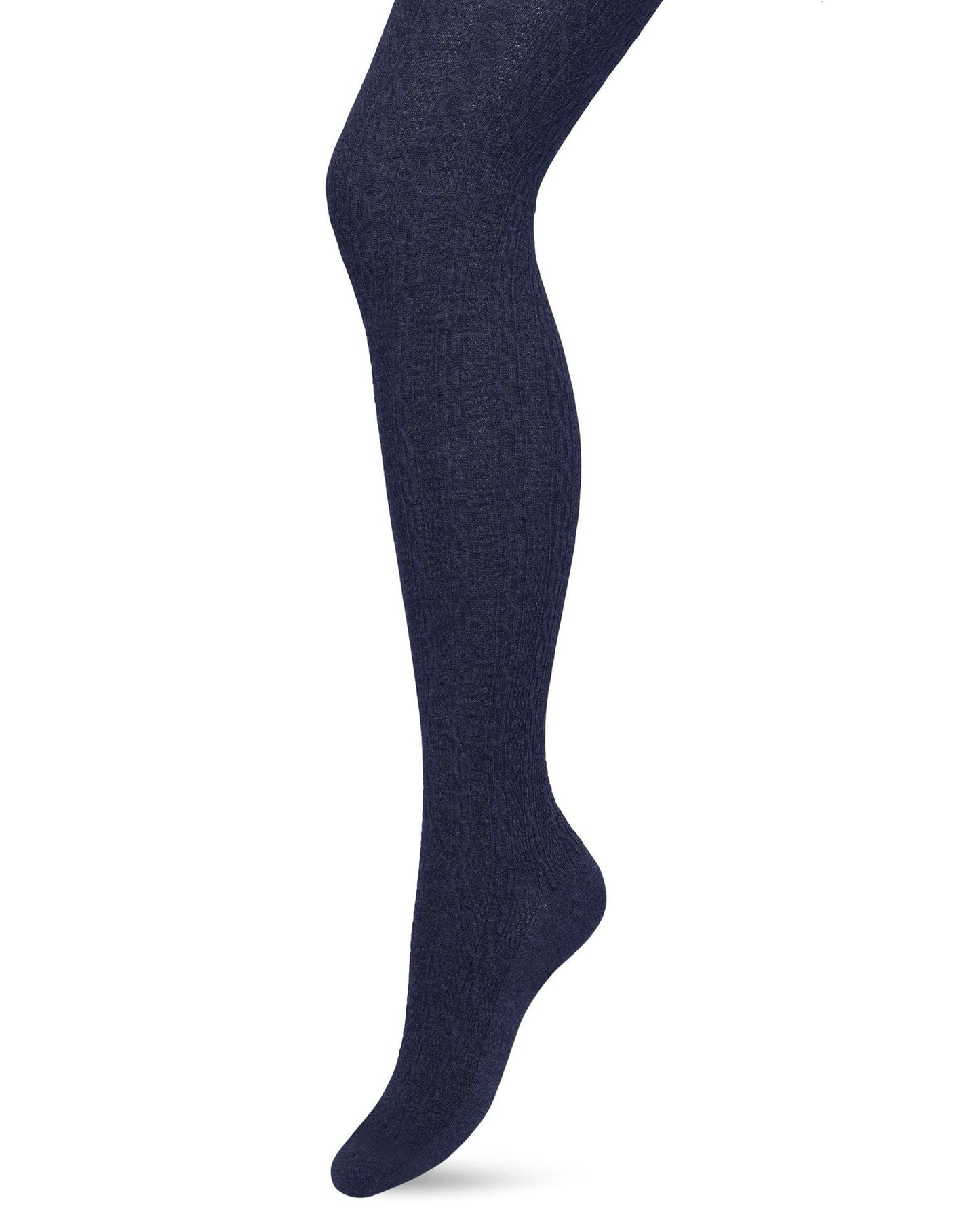 Bonnie Doon Classic Cable Tights - Navy blue organic cotton knitted tights with a cable knit style ribbed pattern, flat seams, gusset, high waist, shaped heel and flat toe seam.