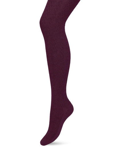 Bonnie Doon Classic Cable Tights - Wine/burgundy (crushed violets) organic cotton knitted tights with a cable knit style ribbed pattern, flat seams, gusset, high waist, shaped heel and flat toe seam.