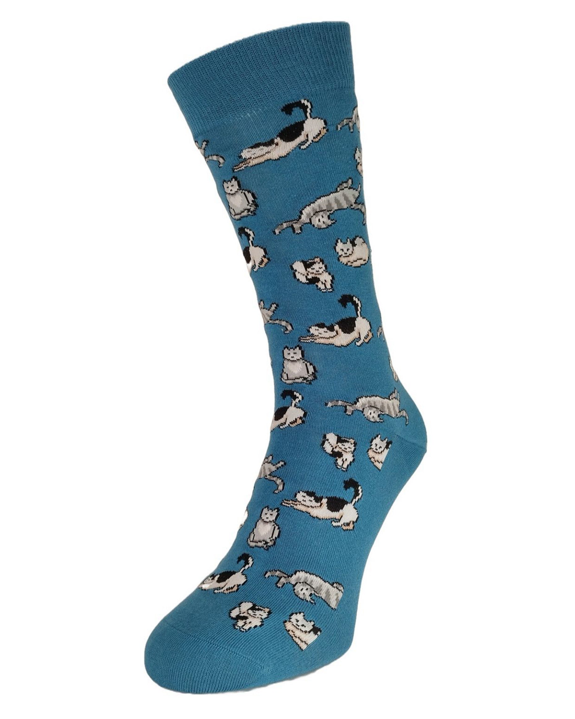 Bonnie Doon Cute Cats Sock - Light teal blue cotton crew length ankle socks with an all over cat pattern in a variety of poses in white, black and grey.