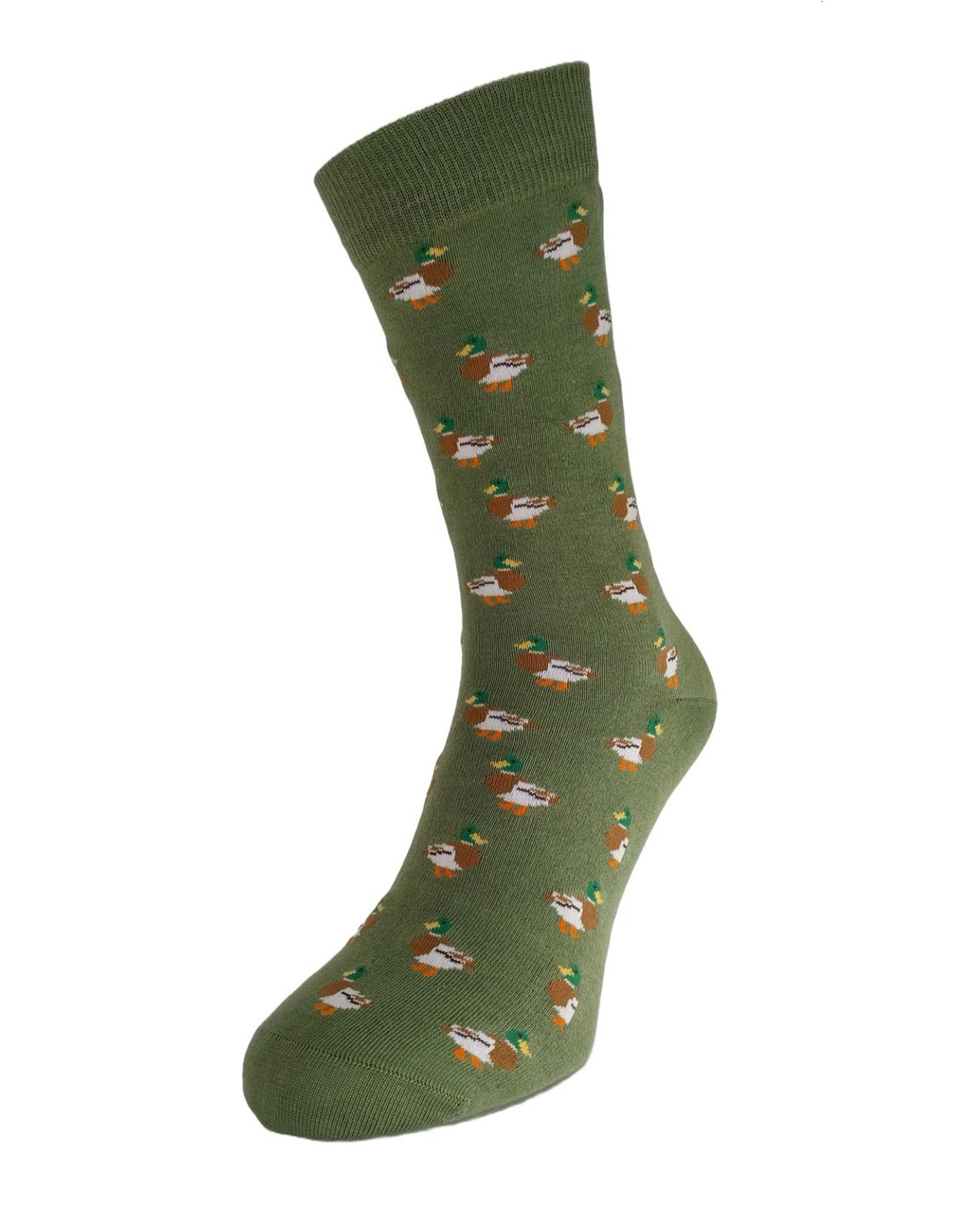 Bonnie Doon Duck Socks - Olive green cotton crew length ankle socks with an all over mallard duck pattern in green, brown and off white.